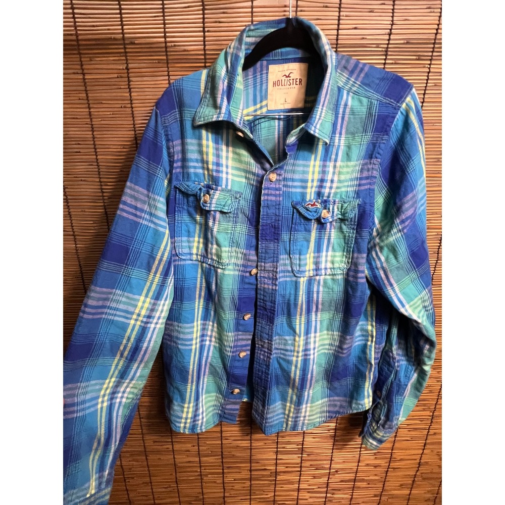 Y2K Hollister California Mens Large Blue Green Plaid Flannel Button Down Shirt L
